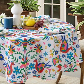 Newbridge Otomi Birds Folk Art Fabric Tablecloth, 60 Inch x 84 Inch Oval, Colorful Otomi Folk Art Water and Stain Resistant, No-Iron Fabric Tablecloth for Dining Parties and Barbecues