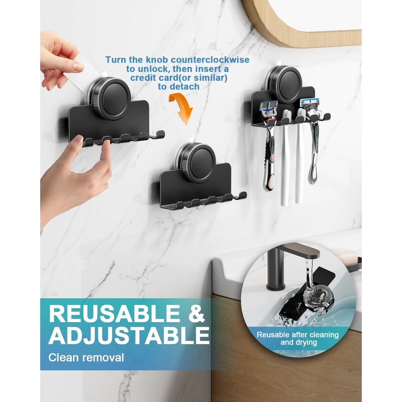 RIVAMBER Suction Cup Hooks, Razor Holder for Shower, Matte Black