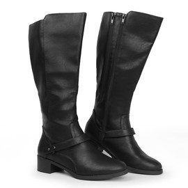Hawkwell Women's Wide Calf Double Zipper Knee High Riding Boots, Black PU, 8.5 M US
