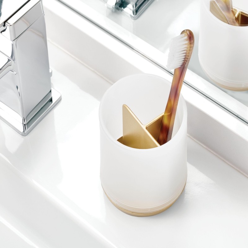 iDesign 3 Divided Sections for Bathroom or Vanity-Frost/Gold Toothbrush Holder