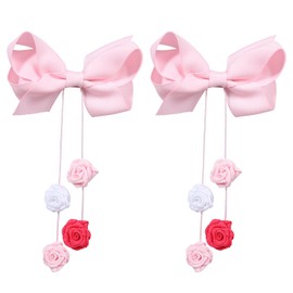 3.5" Flower Hair Bows for Girls with Long Floral Tassels,2pc Light Pink Grosgrain Ribbon Alligator Clips Hair Barrettes for Toddlers,Kids,Teens School Valentines Birthday Party Gift