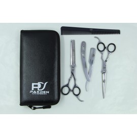 Pakden 7.5" Professional Hair Cutting Kit - Japanese 440C Stainless Steel Shears, Thinning Scissors, Straight Razor & Comb - Right-Handed Black Barber Set with Case for Salon & Home Use