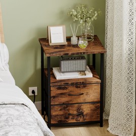Fixwal Rustic Brown Night Stand with Charger Station, Nightstand with Charging Station & Fabric Drawers