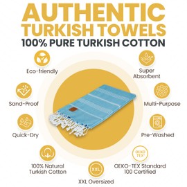 Gold CASE Turkish Beach Towel – 100% Cotton Large Turkish Bath Towels with Bag 70 x 38'' – LYCIA Oversized, Quick Dry & Sand Free Towels – Lightweight Peshtemal – Turquoise