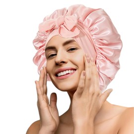 2PCS Silk Bonnet for Women, Satin Bonnet for Sleeping, Large Sleep Cap with Elastic Tie Band for Curly Hair (Pink+Black)