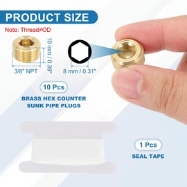 PATIKIL 3/8" NPT Male Pipe Plug Fitting, 5Pcs Brass Hex Counter Sunk Plug Brass Male Connector Socket for Closing The End of Pipe Industrial Machinery Fittings
