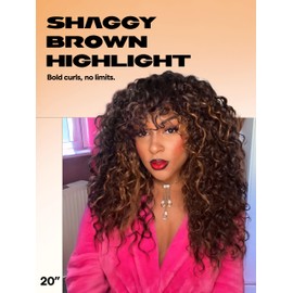 GORGIUS Veralux Blend Human Hair Highlight Brown Curly Wig with Bangs Glueless Synthetic Bang Wigs with Realistic Scalp Put On ang Go Beginner Friendly 20 Inch