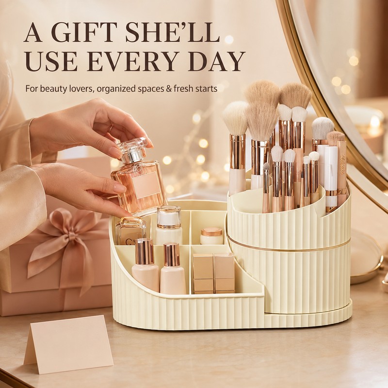360° Rotating Makeup Organizer with Brush Holder, Acrylic Vanity Cosmetic