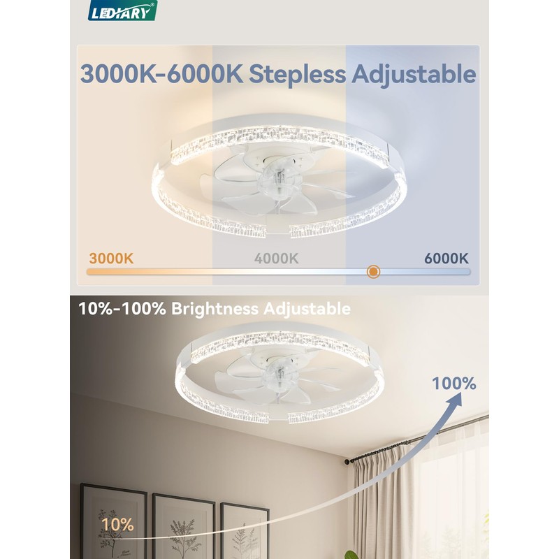 LEDIARY Flush Mount Ceiling Fan with Lights and Remote, 19.7''