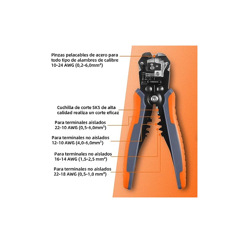 Pela Cables,3 en 1 Pinzas Pelacables Automático,AWG 10-24,8 Pulgadas