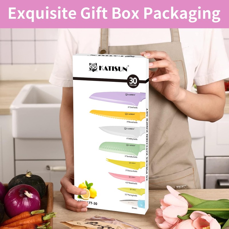 KATISUN Knife Set with Kitchen Cutting Board，30 Piece Colour Coding