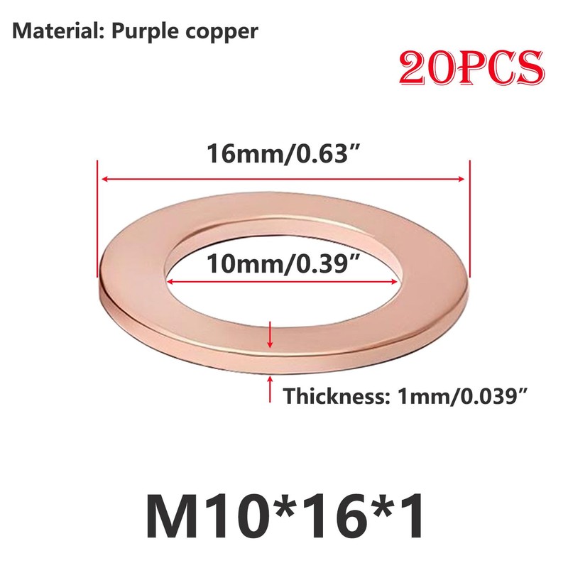 Qrity 20 Pieces Flat Washers Copper Flat Washers Gasket M10
