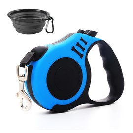 AUSYIWI Retractable Dog Lead, 5M/16FT 360° Tangle-Free Extendable Dog Lead Strong & Durable Nylon Tape with Anti-Slip Handle, Folding Water Bowl, One-Handed Brake for Small Medium Dogs (Blue)