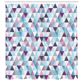 Ambesonne Geométrico Cortina de Baño, Triángulo Modelo Abstracto, Paño Conjunto de Decoración de Baño de Tela y Ganchos, 84" Extra Alta, Azul Claro Rosa Ciruela