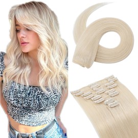 Hairro Clip in Human hair Extensions 100% Real Remy Human Hair Extension 8pcs Full Head Clips on Extension for Women Short Straight 10 inch 50g Bleach White