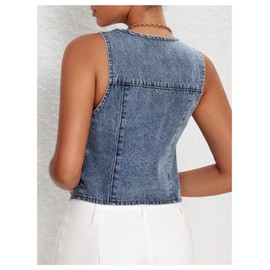 MakeMeChic Women's Denim Vest Tops Y2K Button Down V Neck Asymmetrical Crop Jean Vest Jackets Light Wash Small