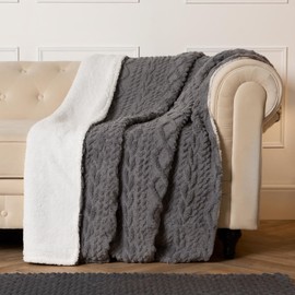 OHS Fleece Blanket Throw Teddy, Cable Knit Sofa Throws Ultra Soft Warm Teddy Fleece Blanket for Bed Couch Winter Blanket Sherpa Throw Reverse Living Room Bedroom - Grey, 130 x 160cm