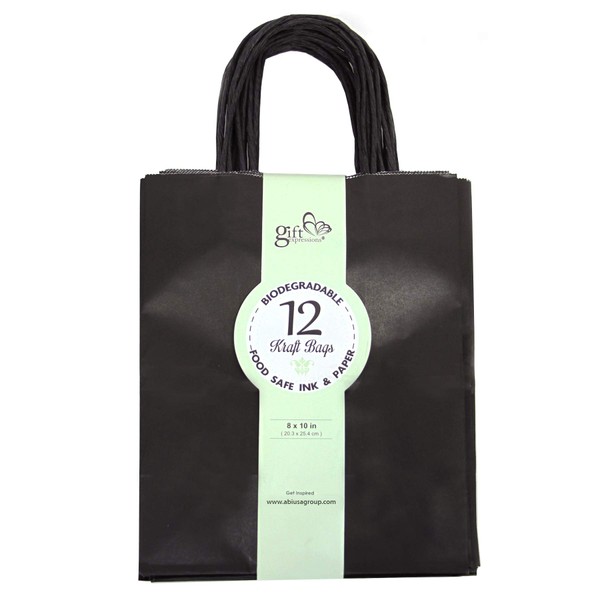 GIFT EXPRESSIONS Black Kraft Paper Bags, Kraft Gift Bag, Premim Quality Paper (Sturdy & Thicker), Biodegradable, Party Bags, Shopping Bag, Kraft Bags (12 CT Medium, Black)