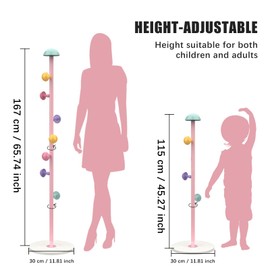 YarkeeSky Mushroom Coat Rack, Free Standing Hall Coat Tree with 7 Mushroom Hooks, 2 Adjustable Height Metal Coat Tree Clothes Hanger for Entryway, Hallway, Bedroom, Pink