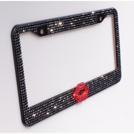 OTOSTAR 7 Row Pure Handmade Waterproof Bling Bling Rhinestones Stainless Steel Metal License Plate Frame 2 Holes with Matching Screws Caps (Black/Red Lip)