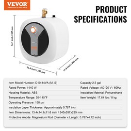 VEVOR Tankless Water Heater Electric, 7kw On Demand Instant Under Sink Water Boiler, Digital Temperature Display & Easy Installation & 24-Hour Water Supply, For Kitchen Bathroom Faucet And Shower - specification: 1.4kw【2.5-Gallon】