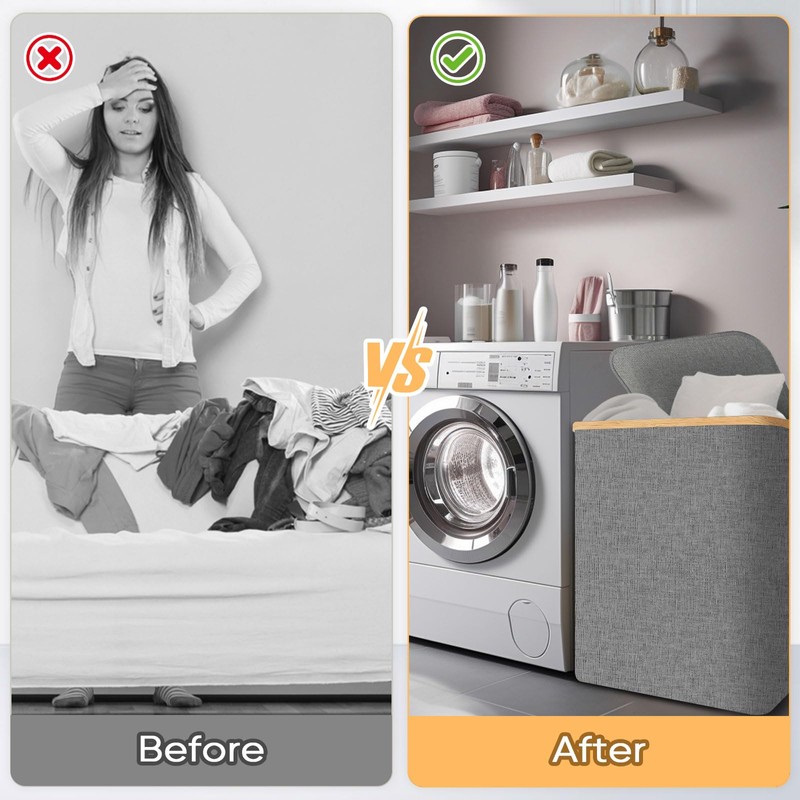 BALEINE Laundry Hamper with Lid, Tall Laundry Baskets with Bamboo