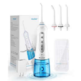 Cordless Water Flosser Teeth Cleaner, Nicefeel 300ML 2 Tip Cases Portable and USB Rechargeable Oral Irrigator for Travel, IPX7 Waterproof, 3-Mode Water Flossing with 4 Jet Tips for Home Blue