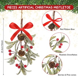 Giegxin 6 Pieces Christmas Mistletoe Decor Artificial Mistletoe Ornament with Red Bow Christmas Hanging Mistletoe Decoration Bouquet Natural Pine Cones Christmas Tree Accessories (Bright Style)