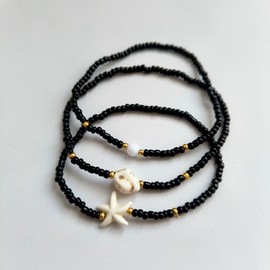 Dishowme Turquoise Starfish Anklet Bracelet 3Pcs Bohemian Beads Foot Chain Elastic Summer Beach Barefoot Sandal Jewelry for Women (Black)