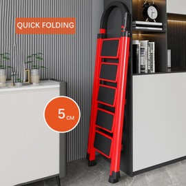 Folding Step Stool,Portable Folding Ladder with Handgrip and Anti-Slip Wide Pedal,Anti-Slip Feet Extra Large Load-Bearing for Home Office, Kitchen, Garage (Red 5-Step Ladder)