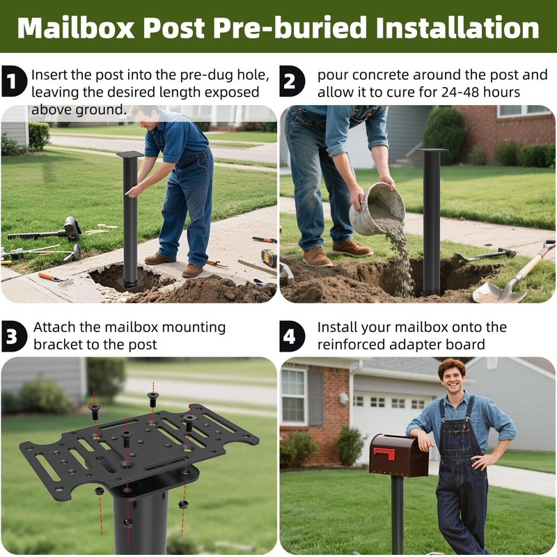 KOMOHOM 43" Mailbox Post with Mounting Bracket, Black In-Ground Mounting