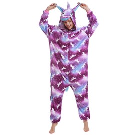 NewPlush Unisex Unicorn Costumes Pyjamas, Adult Women Men Animal Cosplay Onesie Purple Night Small