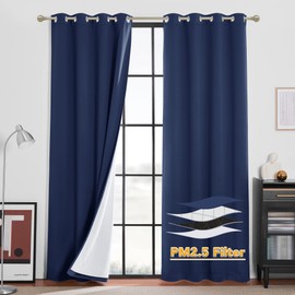 RYB HOME 4-in-1 Dust Filtering Curtains, Mountain Fires Smog Filter Drapes with Melt-Blown Fabric Noise Reducing Window Curtains for Nursery Bedroom, W52 x L84 inch, Navy Blue?2 Panels