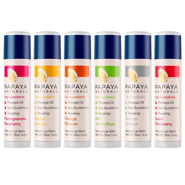Papaya Naturals Lip Balm | 100% Natural Lip Care | 6 Pack with Rosehip Oil, Sea Buckthorn Oil, and Papaya Oil (Set of 6 - All Flavors)