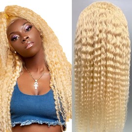 HeioWuio Blonde 4x4 Lace Closure Wigs Curly Wave #613 Wigs For Women Brazilian Remy Hair Wig Glueless Wigs Top Swiss Lace Closure Wig Tow Tone Wigs 24 Inch
