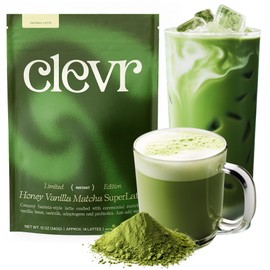 Clevr Blends Organic Honey Vanilla Matcha SuperLatte, Instant Ceremonial Grade Matcha, Superfood Powder Blend with Oat Milk, Lions Mane, Reishi Mushroom, Coconut Cream, Ashwagandha, Serve Hot or Iced, 12oz