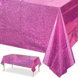 Xinfin Pink Party Tablecloth, Glitter Plastic Disposable Birthday Tablecloth, Hot Pink Foil Tablecloth, Waterproof Tablecloth for Children, Birthday, Wedding, Picnic, Party Decoration