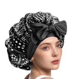 YENTEN Satin Hair Cap for Women, Double Sided Silk Bonnet for Sleeping, Sleep Cap, Hair Protect for the Night Bonnet with Elastic Band, Black, black, L