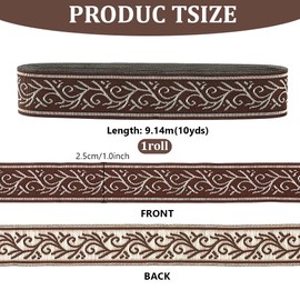 PH PandaHall 10 Yards Jacquard Ribbon 1 inch Boho Lace Trim Vintage Floral Embroidered Ribbon Ethnic Style Lace Trim for Sewing Handmade Bag Clothing Decoration DIY Crafts, Brown