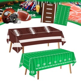 QINGRUIGO 2 Packs Football Tablecloth 54 x 108 Inches Green and Brown Football Field Touchdown Tablecover Disposable Plastic Rugbyl Themed Cloth Gameday Tailgate Tablecloths for Party Decorations
