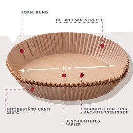 Fackelmann 50 x Round Hot Air Fryer Baking Parchment Paper 20cm Oil and Waterproof Minimises Cleaning Heat Resistant up to 220°C