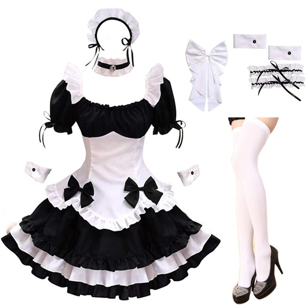 GRAJTCIN Womens Anime French Maid Outfit Lolita Cosplay Dress Halloween Queen Princess Costume with Socks (XL, White)