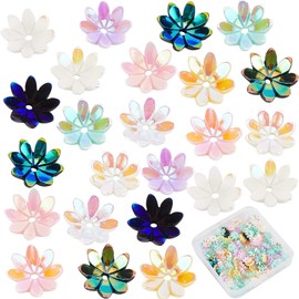 SUNNYCLUE 160 Pcs Random Color Resin Bead Cap Flower Seat Washer Beads Resin Beads Cap Flower Shape Chrysanthemum Hollow Cap Watermark Parts Shiny Spacer Beads Charm Accessory Parts Flower Bead Cap