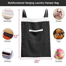 100% Linen Door Hanging Laundry Hamper, Hanging Laundry Bag (20x27Inch) with Front Pocket, Best Choice for Space Saving Over the Door Laundry Hamper, Laundry Hamper Hanging
