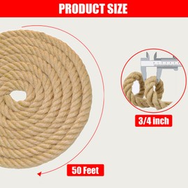 Natural Jute Rope (3/4 in x 50 ft) Thick Hemp Rope for Crafts, Nautical, Railings, Hammock, Decorating