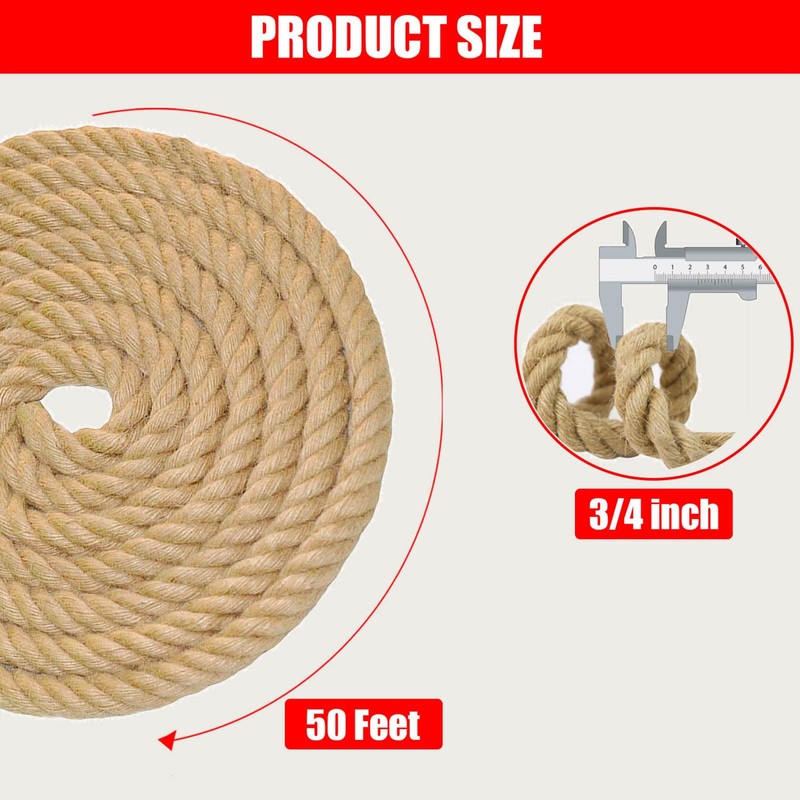 Natural Jute Rope (3/4 in x 50 ft) Thick Hemp