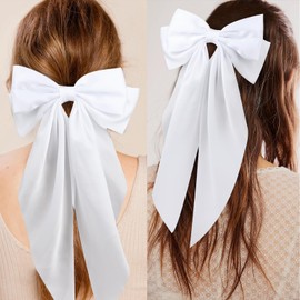 Wecoe 4pcs White Satin Large Hair Clips, Barrettes & Accessories - Cute Big Bows for Women - Bride, Wedding, Bachelor Party Gift