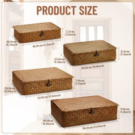 Didaey Set of 4 Seagrass Basket with Lid Wicker Storage Basket Decorative Storage Boxes with Lids Flat Storage Bins Woven Organizer Baskets for Shelf Closet Bedroom, 4 Sizes (Brown)