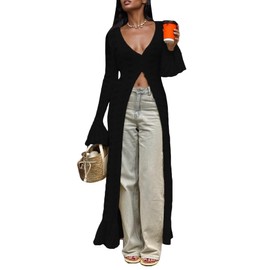 LETSVDO Womens Long Crochet Cardigan Bell Sleeve Ruffle Knit Hollow Out Lightweight Duster Sweater Beach Cover up Dress