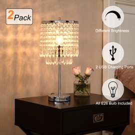 Touch Control Crystal Table Lamp Set of 2,Dual USB Charging Ports, 3-Way Touch Dimmable Crystal Lamp,Silver Bedside Lamps Set of 2 with Elegant Shade for Living Room Bedroom